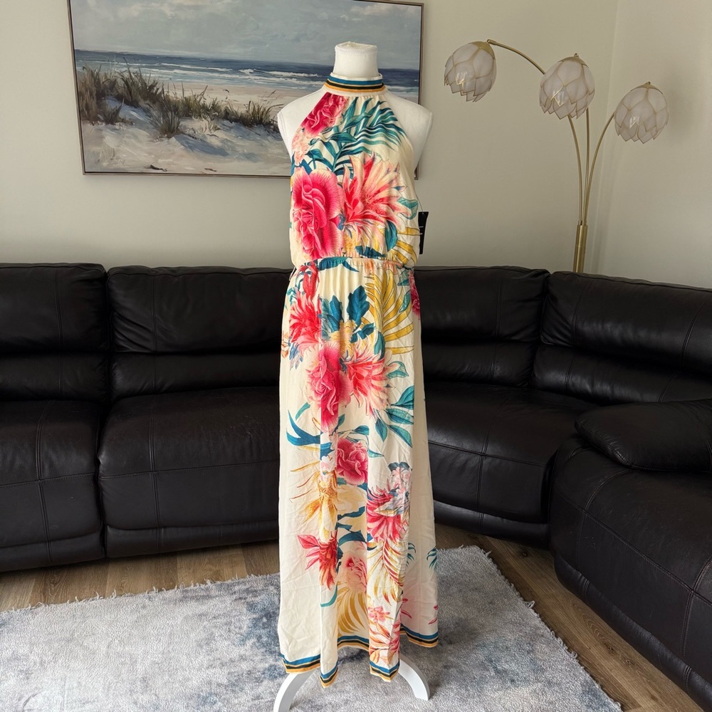 Lulu's Cream Halter Maxi Dress with Pink & Teal Floral Print